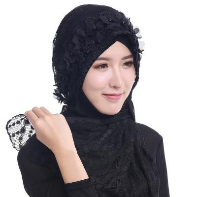 China Lace Muslim Snap Headscarf Fashion Girls Hijab Lace Headwear Hot Selling Fairy Scarf for sale