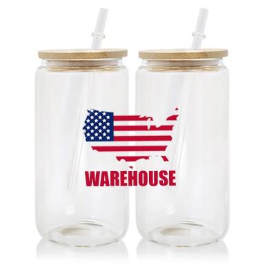 China Viable USA warehouse wholesale 16oz beer can shape libby glasses frosted clear beer mugs sublimation tumbler glass with bamboo lid for sale