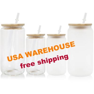 China US Sustainable Warehouse 16oz DIY Sublimation Blanks Free Shipping Box Shaped Beer Glass Mugs With Bamboo Lid And Straw Beer Can Glass for sale