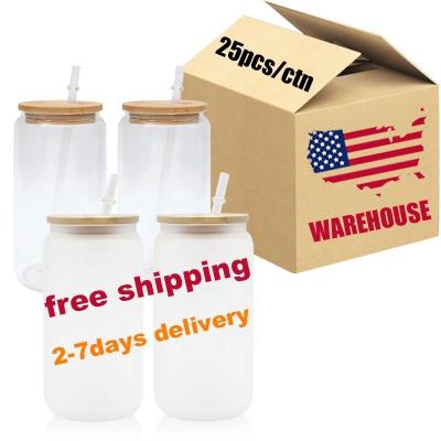 China US Warehouse Wholesale 12oz 16oz 20oz 25oz Viable Sublimation Coffee Mug Blanks Beer Clear Frosted Glass Canister With Lid And Bamboo Straw for sale