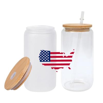 China US warehouse viable wholesale box shaped soda 12oz 16oz transparent frosted sublimation beer glass with bamboo lid for sale