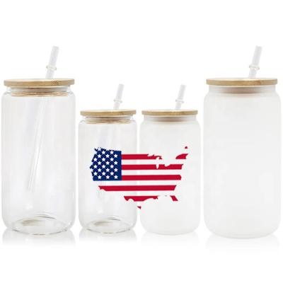 China Amazon Success US Warehouse Sublimation Sublimation Beer Can Glass Jar Shaped 12oz 16oz Frosted Clear Beer Can With Bamboo Lid And Straws for sale