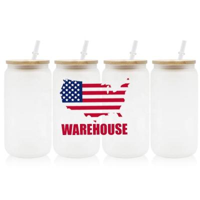 China Viable OH MA GOD China USA Warehouse 12oz 16oz 25oz Clear Frosted Sublimation Masks Mason Jar Beer Can Glass Mug With Bamboo Lid for sale