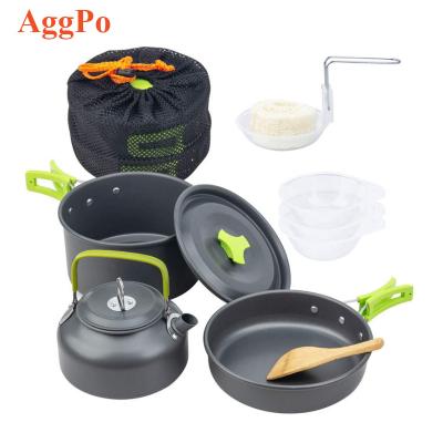 China Camping Outdoor Rise Pot Camping Kit Lightweight Aluminum Kitchen Utensils Picnic Cookware Accessories Cooking Pots 2 Person 3 Pans Kettle for sale