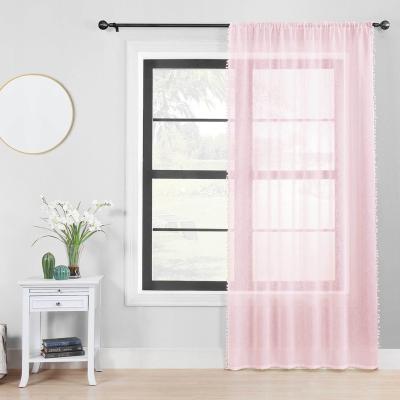 China Europe Linen Look Sheer Curtains With Pom-pom Cute Polyester Sheer Curtain For Living Room for sale