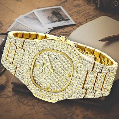 China Men's Fashion Crystal Stone Clock Relogio Masculine De Watch Diamond Gold Color Date Quartz Automatic Date Men's Watch for sale