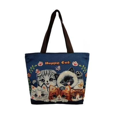 China 2020 NATIONAL New Cat Printed Linen Tote Casual Beach Bags Women's Shopping Bag for sale