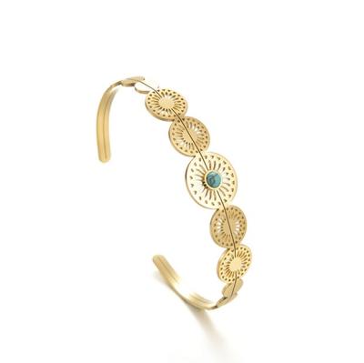 China Environmental Friendly Hollow Gold Plated Stainless Steel Sunflower Charm Bracelet Turquoise Stone Cuff Bracelet Women for sale