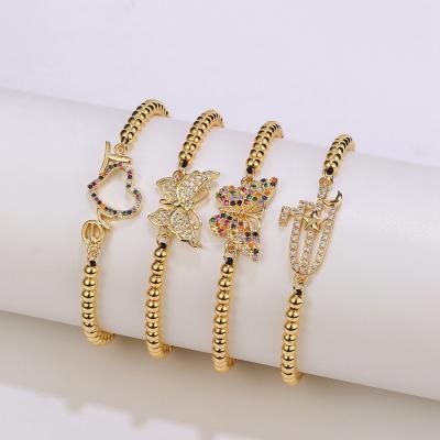 China Fashion Environmental Friendly Gold Plated Heart Beads Bracelet Micro To Pave Zircon Butterfly Charm Bracelet Jewelry Women for sale