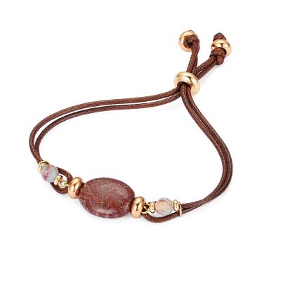 China 24k Gold Plated Natural Semi-precious Stone Leather Chain Bead Stone Bangle Bracelets Wholesale Costume Jewelry for sale