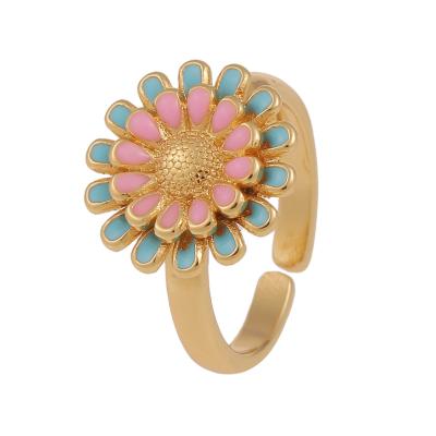 China Environmental Friendly Adjustable Gold Plated Finger Ring Geometric Enamel Flower Charm Drip Ring For Women for sale