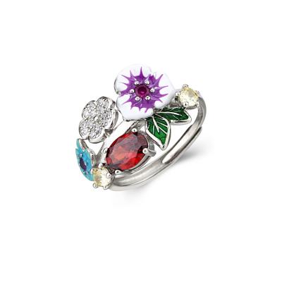 China Custom Bling Environmental Friendly Cubic Zirconia Diamond Ring Red Gold Plated Rainbow Enamel Flower 925 Sterling Silver Ring for sale