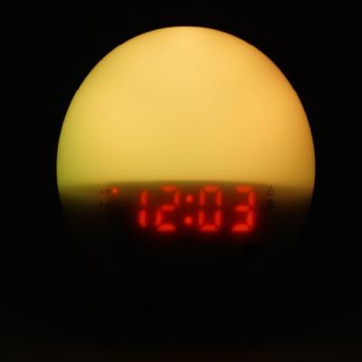 China Factory Customized Radio Sunrise Analog Alarm Clock 7 Color Wake Up 2Usb Charger Digital Led Futuristic Ring Clock for sale