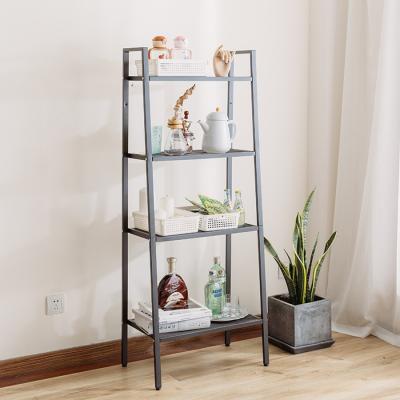 China CLASSIC Black Metal 4 Tier Open Shelf Ladder Bookcase Factory Display Rack for sale