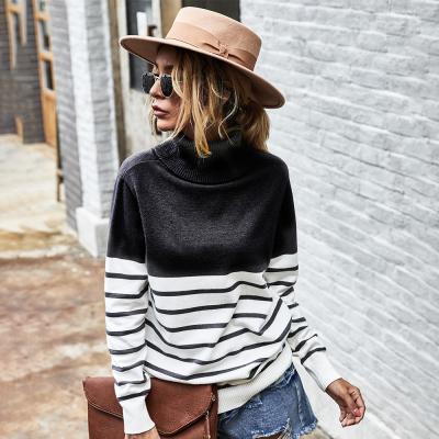 China European classic Anti-wrinkle new and American winter sweater women loose knit high neck stripe pattern ladies short sweater for sale