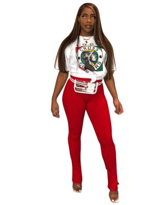 China 2021 Viable Two Piece Set T Shirt With Round Neck And Cartoon Print With Red Pants Casual Two Piece Sets For Woman for sale