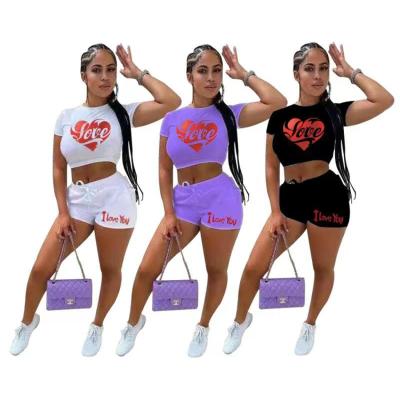 China New Breathable Heart Cropped Two Piece Pants Sets Shorts Summer Clothes For Women 2021 Crop Top And Short Set for sale