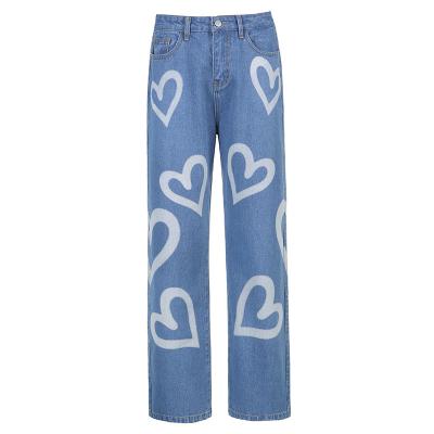 China 2020 New Women's Fashion Straight Leg High Waist Love Breathable Slim Graffiti Printing Pants Casual Street Straight Jeans for sale