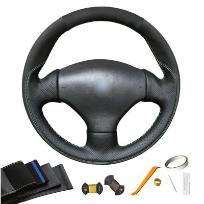 China Coser a mano suede negro de cuero genuino cubierta de volante personalizada para Peugeot 206 1998 1999 2000 2001 2002 2003 2004 2005 en venta