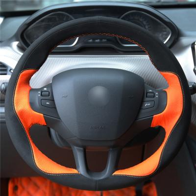 China Handnaaien Naaien Oranje leer en zwart suede Op maat gemaakte stuurwielbedekking Wrap voor Peugeot 208 Peugeot 2008 Te koop