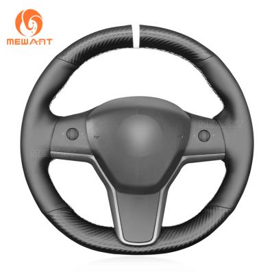 China Custom Hand Stitching Black PU Leather Matt Carbon Steering Wheel Cover for Tesla Model 3 Model Y for sale