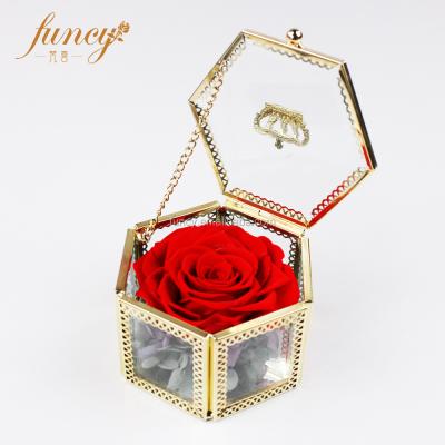 China Rose Acrylic Polygon Crown Box Gift Preserved Forever Flower For Valentines Day Gift Ideas for sale