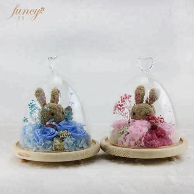 China Preserved Glass Rose In Moss Cute Bunny Home Decoration Reindeer Preserved Glass Christmas Gift for sale