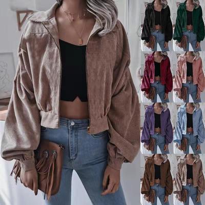 China New autumn and winter trend border women's style corduroy lapel solid color jacket zipper warm breathable long-sleeved short jacket for sale