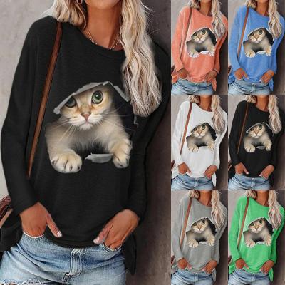 China European and American trends QUICK DRY autumn and winter 2021 fashion new and elegant round women's sweater neck long-sleeved T-shirt cat for sale