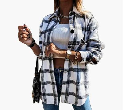 China New 2022 Foreign Trade Border Women's Anti-pilling Plaid Shirt Flannel Lapel Button Cardigan Fashion Jacket Casual Long Sleeve Coat for sale