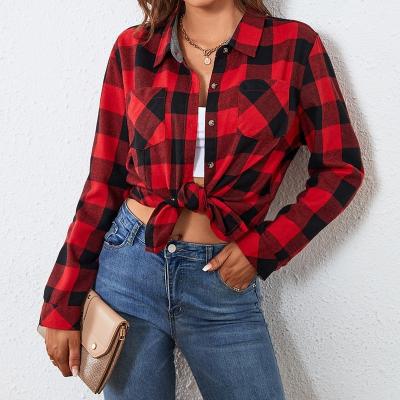 China Anti-pilling foreign trade border 2022 popular casual women's autumn and winter flannel shirts plaid shirt tops long for sale