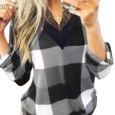 China Fashionable European and American Border Women's Tops Women's Lace V-neck Commuter Sweater Anti-Shrink Thin Plaid Based Shirt for sale