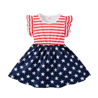 China Breathable Kids Clothes 4th Of July Red White Stripe Star Baby Printed Bead Dress for sale