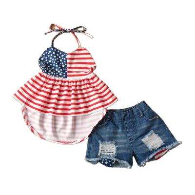 China Breathable Boutique Summer Girl Clothes Teams Patriotic 4th Of July Denim Shorts Sets for sale