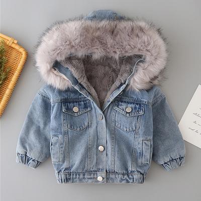 China RTS Viable Winter Warm Fleece Denim Coat For Baby Boy Girl Kids Thicken Hoodie Coat for sale