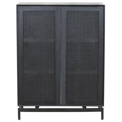 China Wholesale Customized 2 Door Modern Full Cane Tall Wooden Black Woven Storage Cabinet With Metal Legs Support for sale