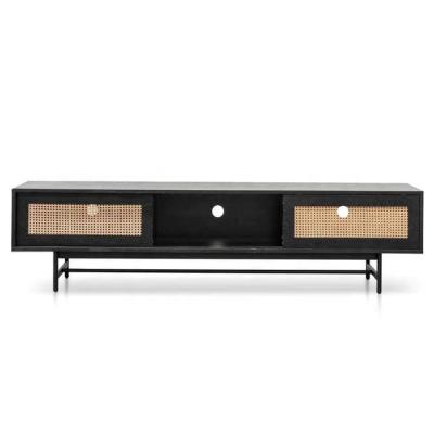 China Boho Home Furniture Stretch Rattan Weave Black TV Unit For Modern Living Room Rattan TV Stand Cabinet for sale