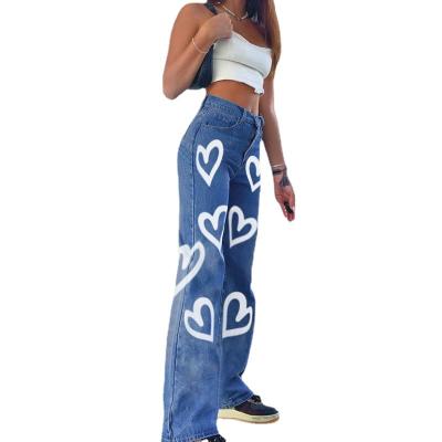 China Breathable Graffiti Printing Loose Straight Jeans For Women Fashion High Waist Casual Pants for sale