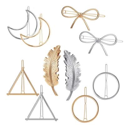 China Elegant Gold Silvel Feather Hair Pins Geomoetric Barrette Hair Accessories Set Tasty Hollow Minimalism Hair Clips For Women for sale