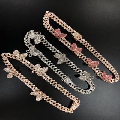 China 2021 New 13mm Butterfly Necklace Jewelry Women Ethnic Diamond Cuban Chain Butterfly Choker Hip Hop Jewelry Sets for sale