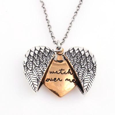 China Wholesale Antique ALLOY Gold Silver Tone Watch Oure I Engraved Message Necklace Angel Wing Locket Necklace for sale