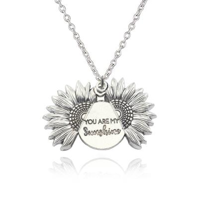 China Wholesale Antique Gold Tone You Are My Sunshine Silver ALLOY Engraved Necklace Sunflower Pendant Necklace for sale