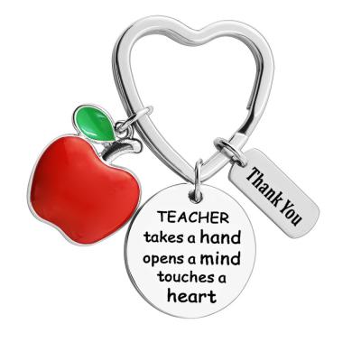 China Custom Heart Metal Ring Stainless Steel Keychain Red Apple Engraved Gratitude Key Ring Teachers Day Gift With Box for sale