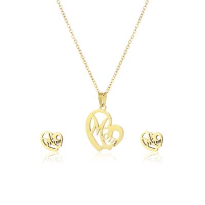 China 2021 Wholesale Hiphop Stainless Steel Women's Fashion Heart Jewelry Set Gold Mom Earrings Necklace For Mother's Day for sale