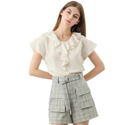 China Breathable Ruffle Collar Solid Color Women Short Sleeve Shirt for sale