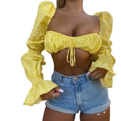 China American women's anti-shrink lantern sleeve blouses women sexy hot halter crop tops famous high fashion clothing brands women for sale