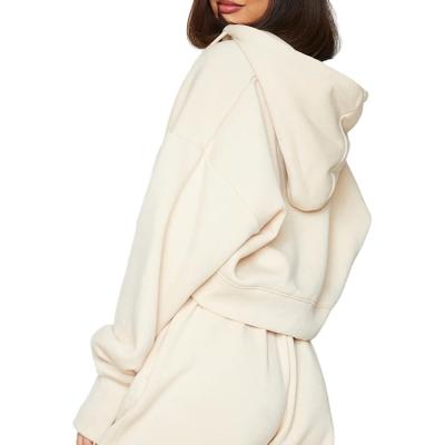 China Custom nee oversized design fashionable women anti-shrink zipper up rib cuff drawstring cropped cream hoodies for sale