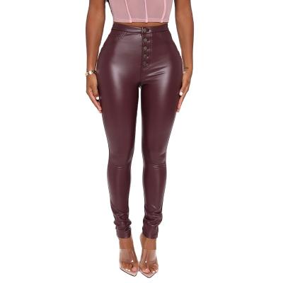 China Anti-pilling 2022 new ladies PU pants fall winter fashion clothes where high waist button fly solid color pants leather tight women for sale