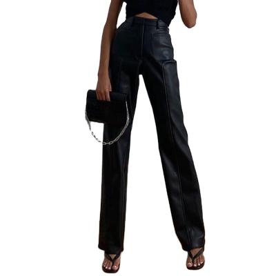 China Anti-pilling 2022 New Ladies PU Pants Fall Winter Fashion Clothes High Waist Zipper Fly Solid Color Leather Wide Leg Pants Women for sale