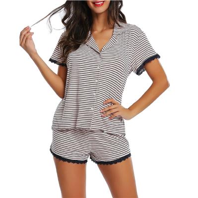 China Women Breathable Cotton Sleepwear 100% Bamboo Short Sleeve Lace Up Top Balanced And Short Soft Comfortable Sleepwear Pajama Set for sale